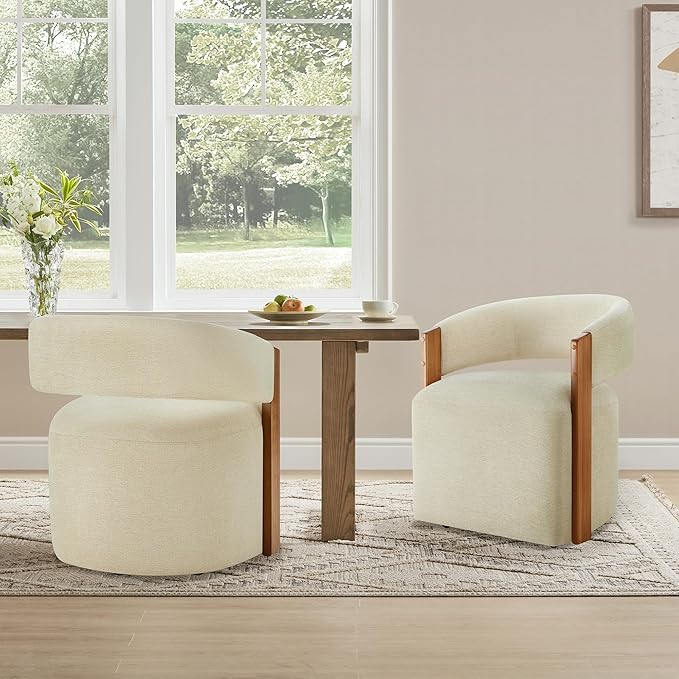 KISLOT Upholstered Dining Chairs with Casters, Modern Barrel Side Armchair with Rollers & Wooden Armrest for Dining Room, Bedroom, Kitchen, Reading Room, Sand, Set of 2