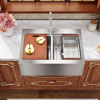 Rhbamoa Double Farmhouse Sink 28 Inch,16-Gauge T304 Stainless Steel Drop In Farm Sink,50/50 Topmount Double Bowl Apron Front Farm Sinks,10 Inch Deep Workstation Sinks with All Accessories
