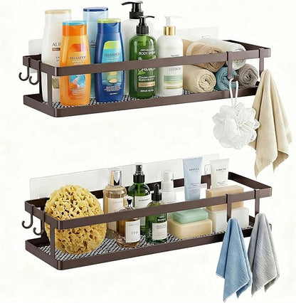 PUSDON 2-Pack 16.5" Extra Long Slim Shower Caddy, Adhesive Wall Mount Bathroom Organizer, Rustproof Open Frame Mesh Spice Rack for Kitchen, Holds 50LBS - Vintage Bronze, Guardrail
