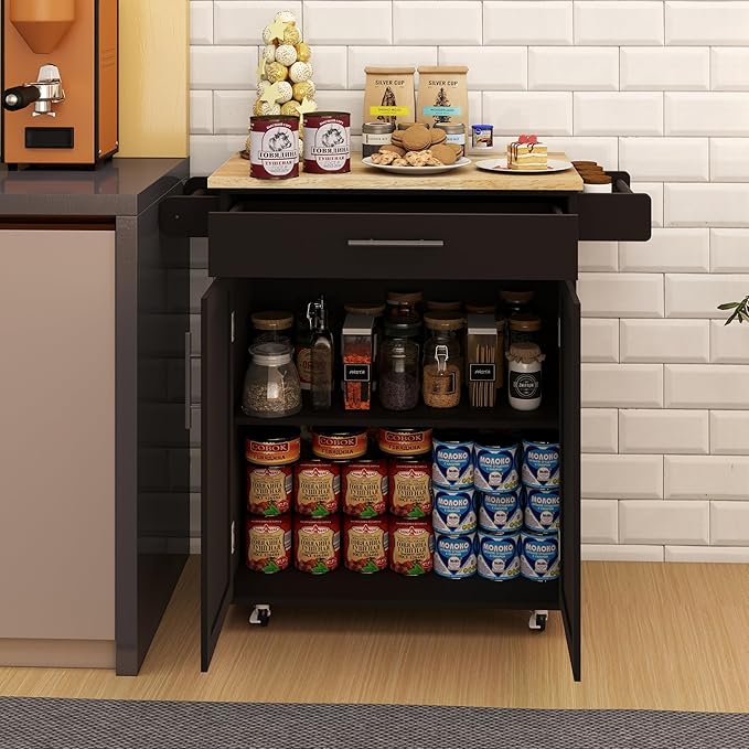 Modern Dining Table Kitchen Island Rolling Trolley Cart with Shelves, Drawer, Doors, Towel Rack & Seasoning Rack - Rubber Wood Table Top for Dining Room,Black-MDF