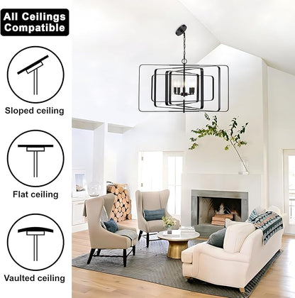 Untrammelife 32" Modern Black Chandelier - 5-Light Adjustable Height Geometric Rectangular Pendant Light Fixture for Dining Room, Living Room, Kitchen Island, Foyer