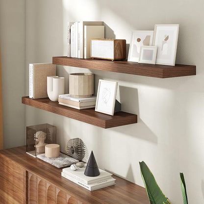 40 Inch Floating Shelves for Wall, 8 Inch Deep Floating Shelf for Storage & Display, Rustic Wall Mounted Shelf with Invisible Brackets for Living Room, Kitchen, Bathroom, Home Decor, Set of 2, Walnut