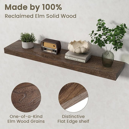 Fun Memories Solid Elm Wood Floating Shelves Set of 1-40 Inch Rustic Wall Shelves with Heavy-Duty Invisible Brackets - for Living Room, Kitchen, Bedroom, Bathroom - Walnut Finish