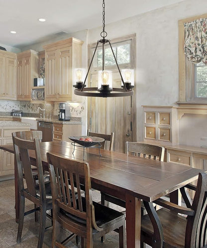 JONATHAN Y 20" Oil Rubbed Bronze 3-Light Rustic Farmhouse LED Chandelier, Round Metal Wagon Wheel Pendant Lighting for Dining Room Kitchen with Seeded Glass Shade JYL7511A