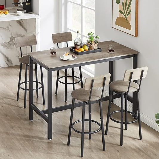 GNIXUU Bar Table and Chairs Set for 4, 5 Pieces Industrial Counter Height Pub Table and 4 PU Soft Stools with Backrest, High Kitchen Breakfast Table Set for Restaurant, Dining Room(Grey)