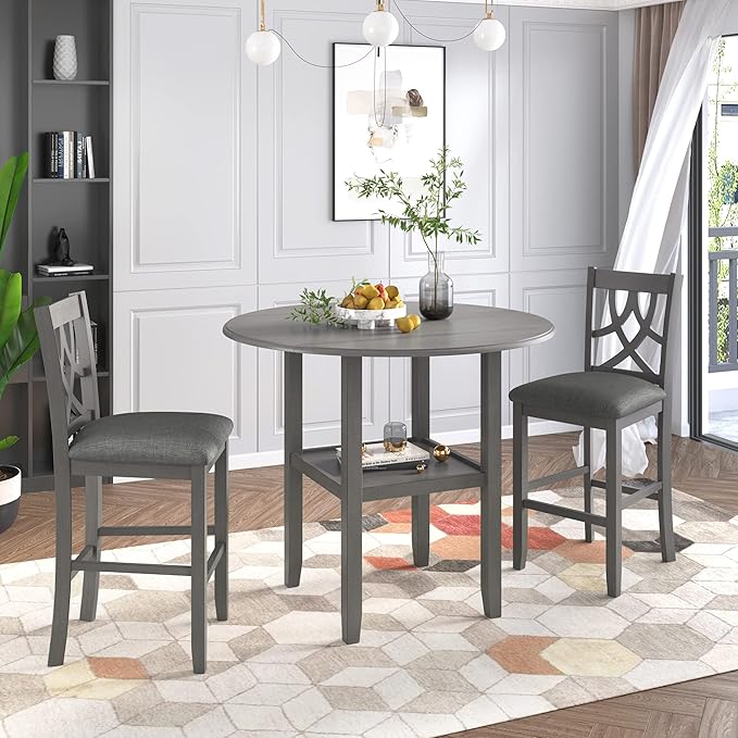 Modern Rustic 3 Piece Round Counter Height Dining Table Set with with Drop Leaf Table,Bottom Shelf and 2 Padded Chairs,Wooden Kitchen Furniture for Small Places