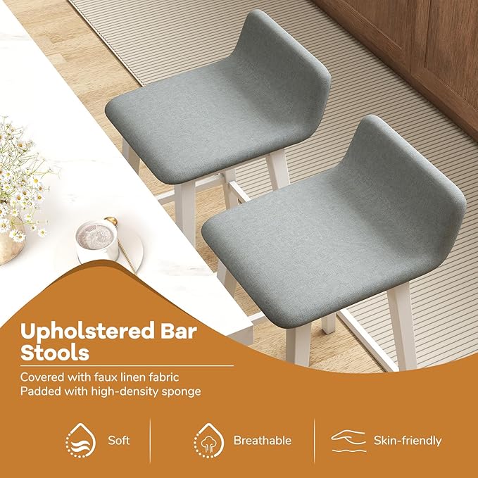 Giantex 29" Bar Stools Set of 2, Upholstered Bar Height Barstools with Low Back, Footrest, Armless Wood Bar Chairs for Kitchen Island, Dining Room, White & Gray