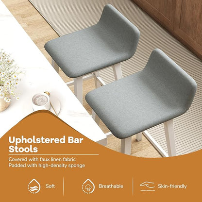 Giantex 29" Bar Stools Set of 2, Upholstered Bar Height Barstools with Low Back, Footrest, Armless Wood Bar Chairs for Kitchen Island, Dining Room, White & Gray