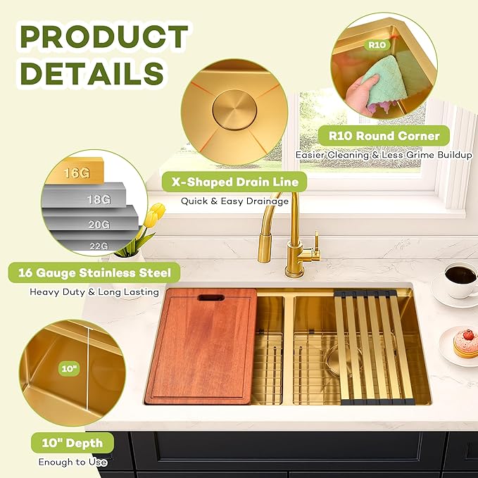 LQS Gold Kitchen Sink 30 Inch, 30” x 18” Stainless Steel Undermount Kitchen Sink, 50/50 Double Bowl with Sapele Cutting Board, Sink Grids, Sink Strainers and Fordable Roll-Up Drying Rack