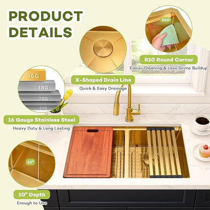 LQS Gold Kitchen Sink 30 Inch, 30” x 18” Stainless Steel Undermount Kitchen Sink, 50/50 Double Bowl with Sapele Cutting Board, Sink Grids, Sink Strainers and Fordable Roll-Up Drying Rack