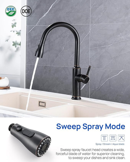 Pull Down Kitchen Faucet Sprayer Head Replacement Part, 15 Connectors, 3 Function Pull Out Sink Sprayer Replacement Nozzle, Kitchen Faucet Head Hose Spray Tap Spout,Oil Rubbed Bronze