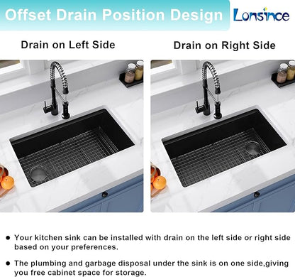 Black Undermount Kitchen Sink 30 inch,16 Gauge Stainless Steel Sinks,Single Bowl Workstation Sink,Modern Kitchen Sink Offset Drain (30" X 18")
