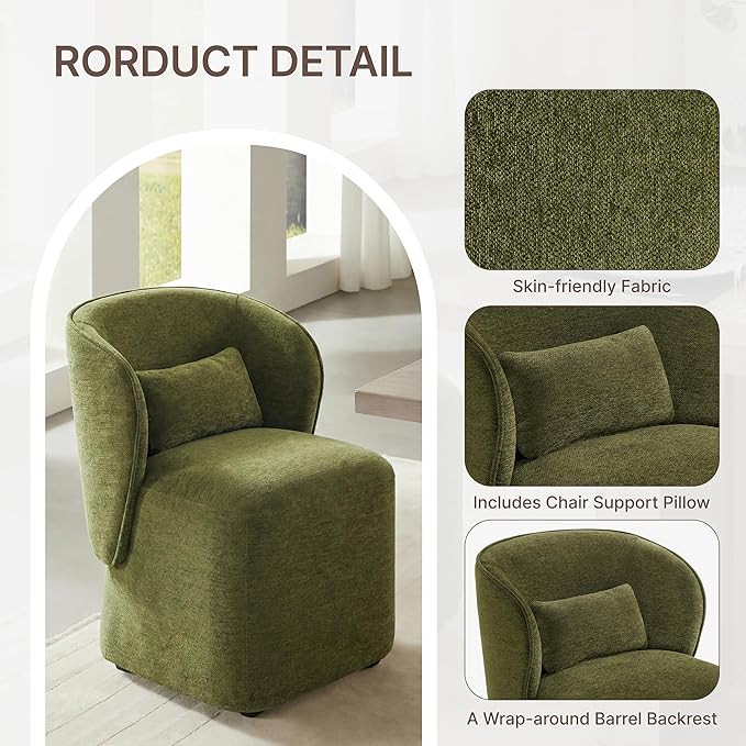 KISLOT Upholstered Dining Chairs with Wheels, Easy Assembly Stain Resistant Fabric Modern Barrel Armchair with Lumbar Cushion, Dining Room Chairs for Kitchen Living Room Bedroom, Green, Set of 1