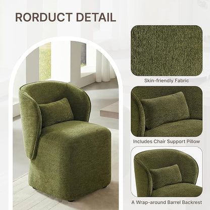 KISLOT Upholstered Dining Chairs with Wheels, Easy Assembly Stain Resistant Fabric Modern Barrel Armchair with Lumbar Cushion, Dining Room Chairs for Kitchen Living Room Bedroom, Green, Set of 1