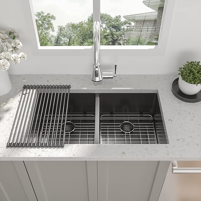 33 Inch Black Undermount Kitchen Sink - Beslend 33”x19”x10” Stainless Steel Gunmetal Black 16 Gauge 10 Inch Deep 50/50 Double Bowl Kitchen Sink Basin, 33 Inch-50/50