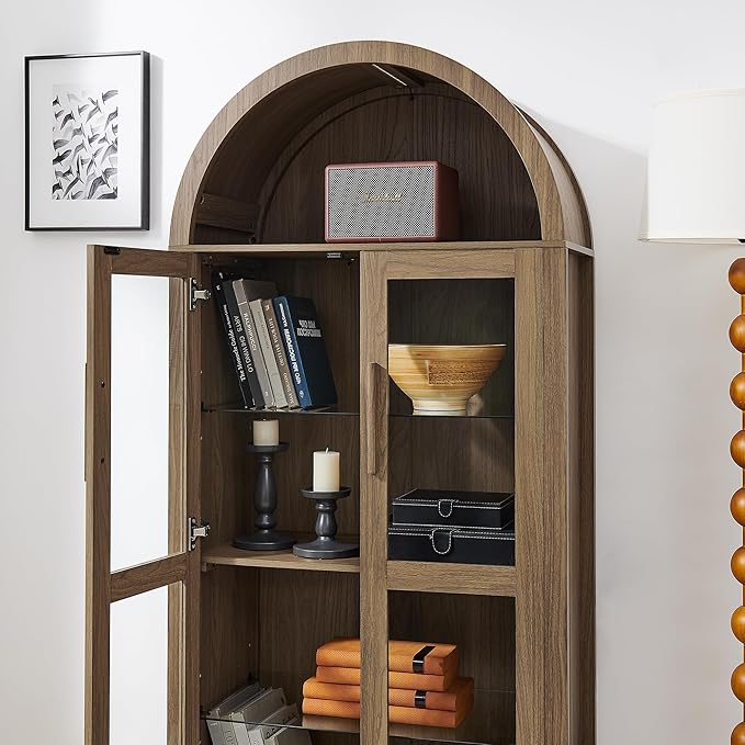 Ball & Cast 67" Tall Arched Kitchen Pantry Cabinet with Lamp, Modern Wooden Storage Cabinet with Glass Doors & Adjustable Shelves,Versatile Display Cabinet for Kitchen, Living Room,Dining Room,Brown
