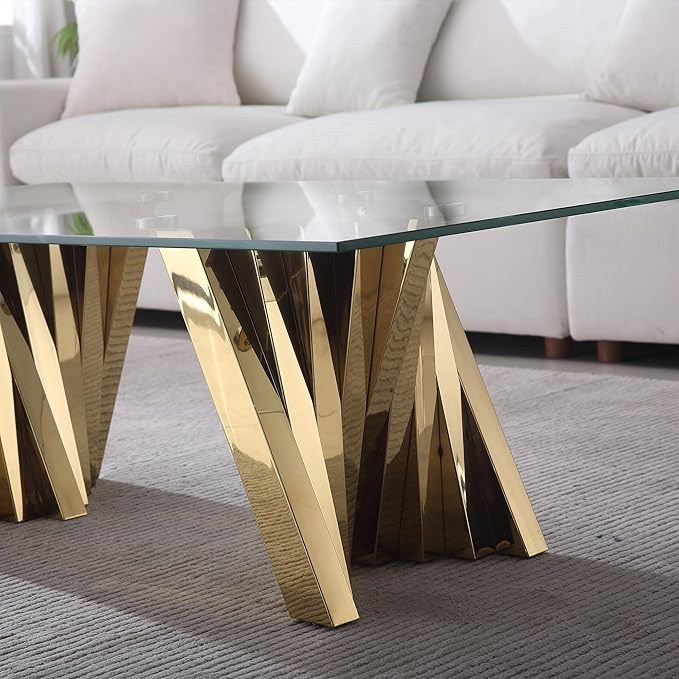 Henf Gold Glass Coffee Table with Mirrored Stainless Steel Base, 51" Rectangle Modern Living Room Cocktail Table for Home Office