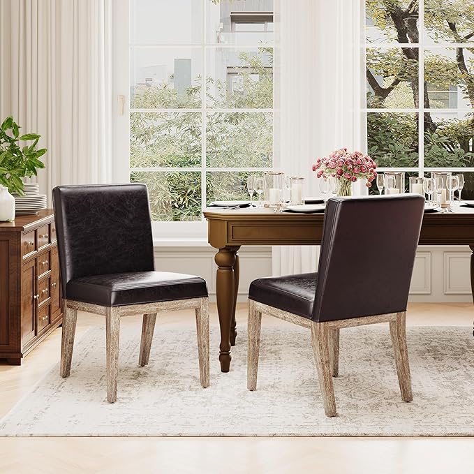MALOL Wooden Dining Chairs Set of 2, Modern Leather Upholstered Dining Room Chair, Kitchen Side Chairs, Farmhouse Dinner Chair with High Back for Kitchen, Brown