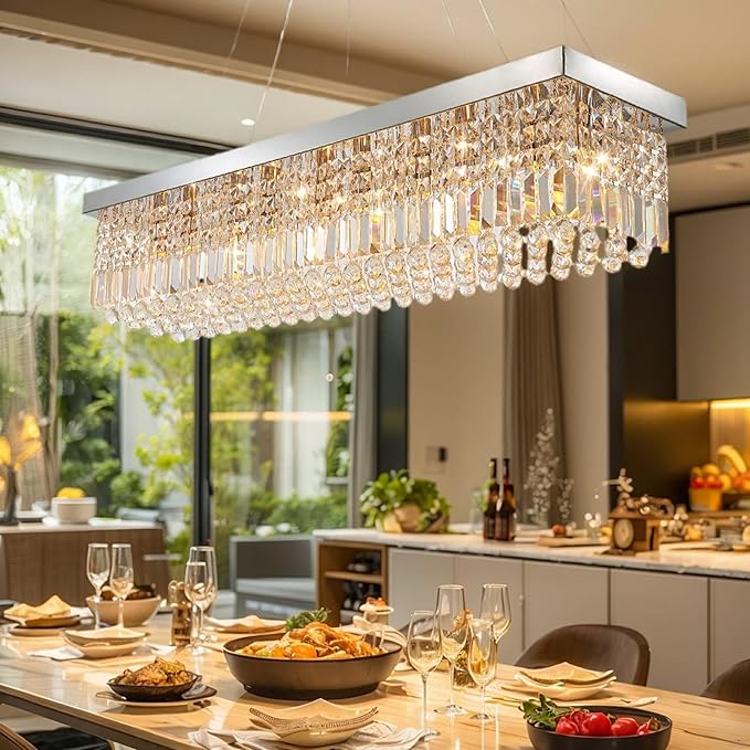 Modern Silver Rectangular Crystal Chandelier,10-Light Modern Chandelier,K9 Crystal Rectangle Chandelier,Farmhouse Pendant Light Fixture for Kitchen Island Bar Bedroom L47 x W10 x H10