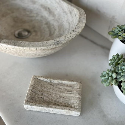 Shades of Nature Oval Travertine Vessel Sink – Natural Stone Wash Basin, Fully Polished Bathroom Sink, Above Counter Vanity Basin (Includes Matching Soap Tray)