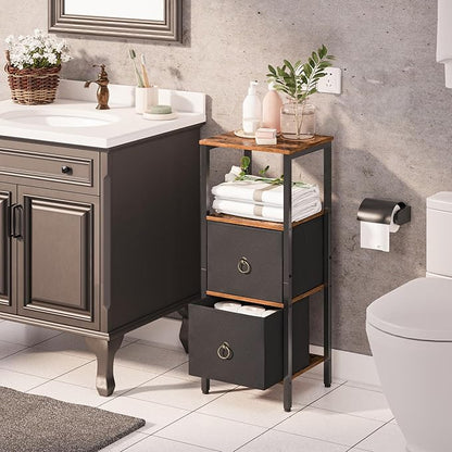 HOOBRO Corner Cabinet, 4-Tier Corner Shelf Stand with 2 Drawers,Bathroom Floor Cabinet, Narrow Storage Cabinet, for Bathroom, Living Room, Rustic Brown and Black BF87CW01