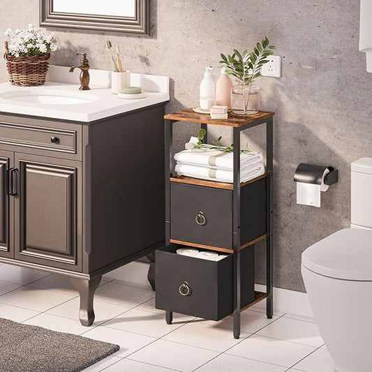 HOOBRO Corner Cabinet, 4-Tier Corner Shelf Stand with 2 Drawers,Bathroom Floor Cabinet, Narrow Storage Cabinet, for Bathroom, Living Room, Rustic Brown and Black BF87CW01