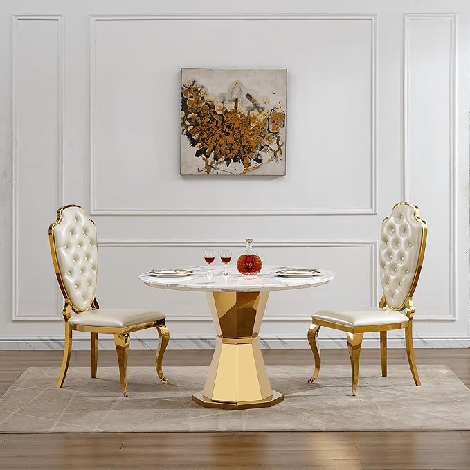 47" Round Marble Dining Table for 4-6, Luxury Modern Kitchen Table with Marble Grain MDF Tabletop & Gold Mirrored Stainless Steel Pedestal Base, Grey Stone Dinner Table for Dining Room (Table Only)