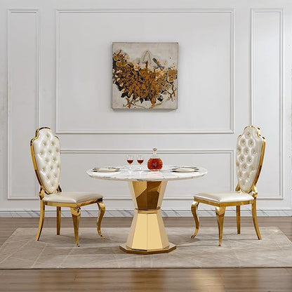 47" Round Marble Dining Table for 4-6, Luxury Modern Kitchen Table with Marble Grain MDF Tabletop & Gold Mirrored Stainless Steel Pedestal Base, Grey Stone Dinner Table for Dining Room (Table Only)