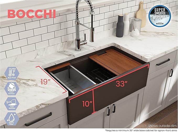 BOCCHI Contempo Workstation Apron Front Step Rim Fireclay 33 in. Single Bowl Kitchen Sink with Accessories in Matte Brown