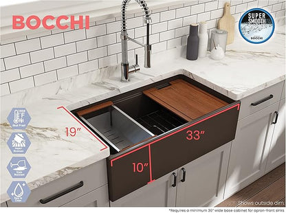 BOCCHI Contempo Workstation Apron Front Step Rim Fireclay 33 in. Single Bowl Kitchen Sink with Accessories in Matte Brown
