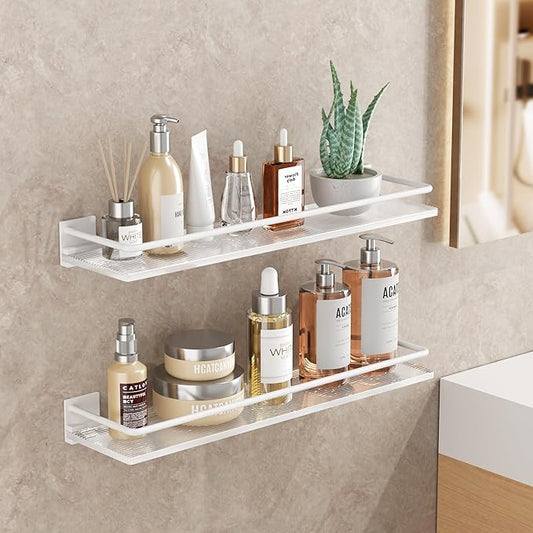 Acrylic Bathroom Floating Shelves - Set of 2, Wall Mounted Shelves for Suitable for Lavatory, Kitchen, Laundry Room, Farmhouse, for Item Storage/Room Decoration (White)
