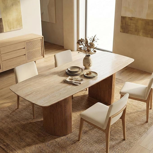 79'' Sintered Stone Dining Table for 8-10 People, Modern Rectangular Kitchen Table with Solid Wood Pedestal, Luxury Mid-Century Dining Room Table for Home Living Room