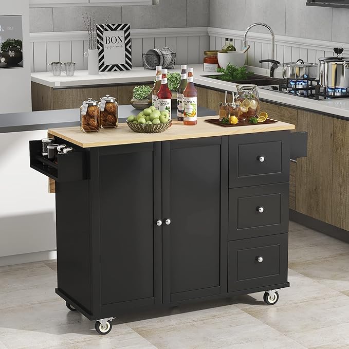 GOWE Rolling Mobile Kitchen Island with Solid Wood Top and Locking Wheels,52.7 Inch Width,Storage Cabinet and Drop Leaf Breakfast Bar,Spice Rack, Towel Rack & Drawer (Black)