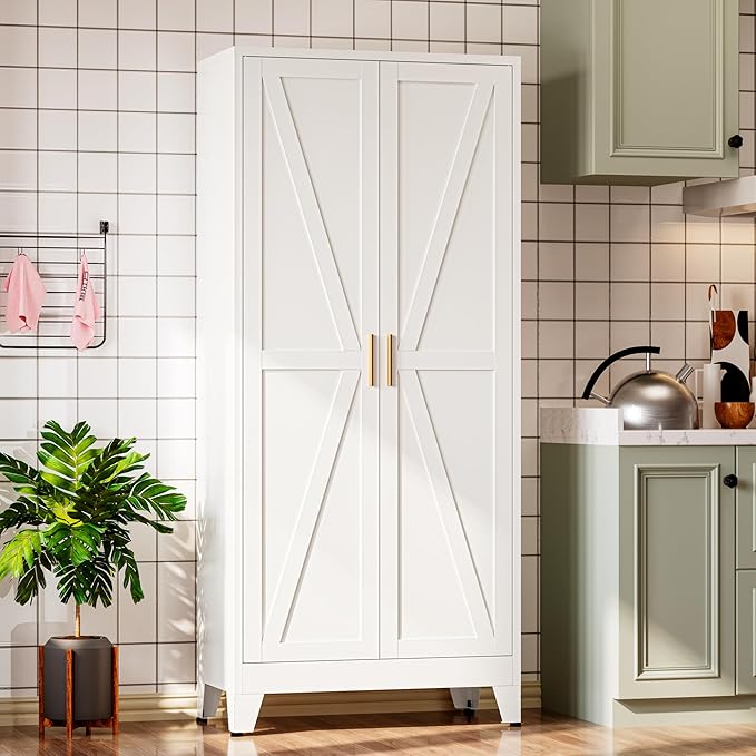 Bevivog 71" Kitchen Pantry Cabinet, Metal Storage Cabinet with 2 Doors and 4 Adjustable Shelves, Farmhouse Tall Metal Pantries Cabinets Storage for Kitchen, Home Office, Living Room, Laundry