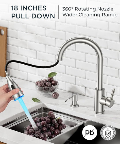FORIOUS LED Kitchen Faucet with Soap Dispenser and Pull Down Sprayer, Brushed Nickel High Arc Single Handle 3 Modes Stainless Steel Bar Faucet for Kitchen Sink Wet Laundry Camper
