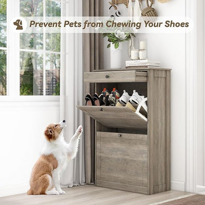 FTZxHKLX Shoe Cabinet with 2 Flip Drawers, Narrow Freestanding Shoe Storage Organizer, Slim Wooden Hidden Shoe Rack for Front Door Entrance, Closet, Hallway, Living Room, Rustic Gray