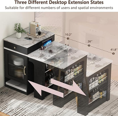 Modern Dining Table Extendable Kitchen Island with, Power Outlet, 2 Drawers, Shelves, Wood Countertop for Living Room Dining Area,Black-MDF