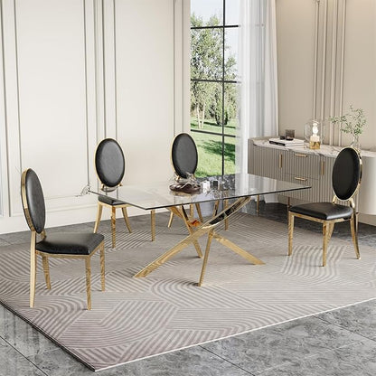 Luxury Gold Glass Dining Table for 4 Modern 51" Rectangular Kitchen & Dining Room Table with X-Shape Stainless Steel Base Large Clear Glass Top Dining Table for Home Office