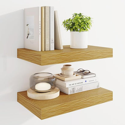 Marsmiles 16" Floating Shelves for Wall, Wooden Shelves with Invisible Brackets Set of 2, Rustic Farmhouse Wall Mounted Shelf for Kitchen Bathroom Living Room Study, Natural Oak
