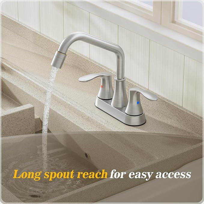 Phiestina Brushed Nickel Utility Sink Faucet 3 Hole, Laundry Sink Faucet with Pull Out Sprayer, Long Spout Dual Handle Modern Bathroom Faucet, 4 Inch CenterSet Room Sink Faucets, LF36CL-2M-BN