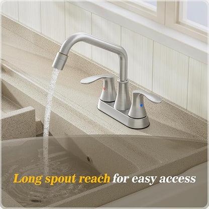 Phiestina Brushed Nickel Utility Sink Faucet 3 Hole, Laundry Sink Faucet with Pull Out Sprayer, Long Spout Dual Handle Modern Bathroom Faucet, 4 Inch CenterSet Room Sink Faucets, LF36CL-2M-BN