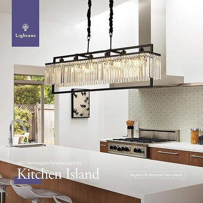 43.7" Modern Black Crystal Chandeliers for Dining Room, Luxury Rectangle 6-Light Kitchen Island Lighting, Linear Hanging Ceiling Pendant Light Fixture for Pool Table Entryway Foyer Hallway