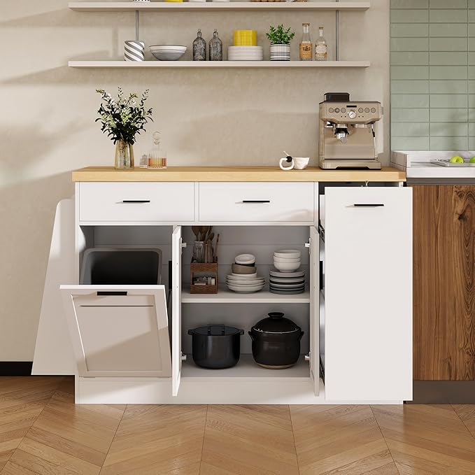 Multi-Functional Kitchen Sideboard with Trash Can Storage, Sliding Door Cabinet and 3-Tier Spice Rack, Kitchen Island Table with Drawers for Kitchen, Dining Room,WhiteParticleBoardMD