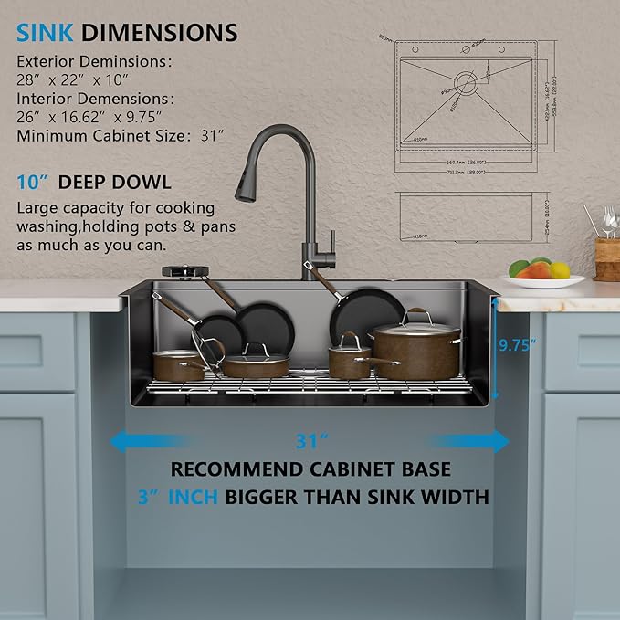 28"x22" Drop In Kitchen Sink Ledge Workstation – Gunmetal Black NANO-PVD, 16 Gauge 304 Stainless Steel Top Mount Single Bowl Sink Basin with Faucet Combo & Glass Rinser