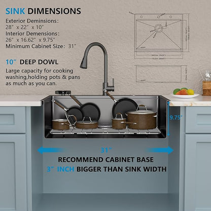 28"x22" Drop In Kitchen Sink Ledge Workstation – Gunmetal Black NANO-PVD, 16 Gauge 304 Stainless Steel Top Mount Single Bowl Sink Basin with Faucet Combo & Glass Rinser