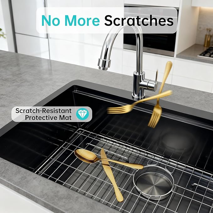 30 Inch Drop in Kitchen Sink Undermount Stainless Steel Kitchen Sinks,16 Gauge Top Mount Single Bowl Workstation Sink,Deep Handmade Kitchen Sink with Cutting Board & Strainer,Nano-coating,Black