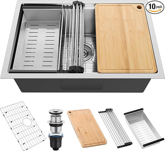 27x18Inch Undermount Kitchen Sink, Herogo Stainless Steel Single Bowl Workstaion Basin,16 Gauge Handmade 10'' Deep Kitchen Sink with Accessories