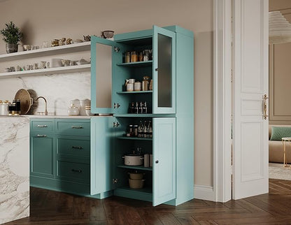 Palace Imports 100% Solid Wood Kitchen Pantry w/ 2 Frosted Glass Doors & Bottom Wooden Storage Cabinet, Aqua, 32" w x 71.5" h, Renewable Eco-Friendly Wood, Made in Brazil