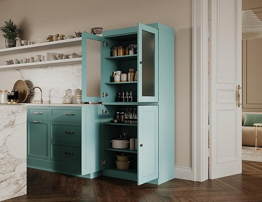 Palace Imports 100% Solid Wood Kitchen Pantry w/ 2 Frosted Glass Doors & Bottom Wooden Storage Cabinet, Aqua, 32" w x 71.5" h, Renewable Eco-Friendly Wood, Made in Brazil
