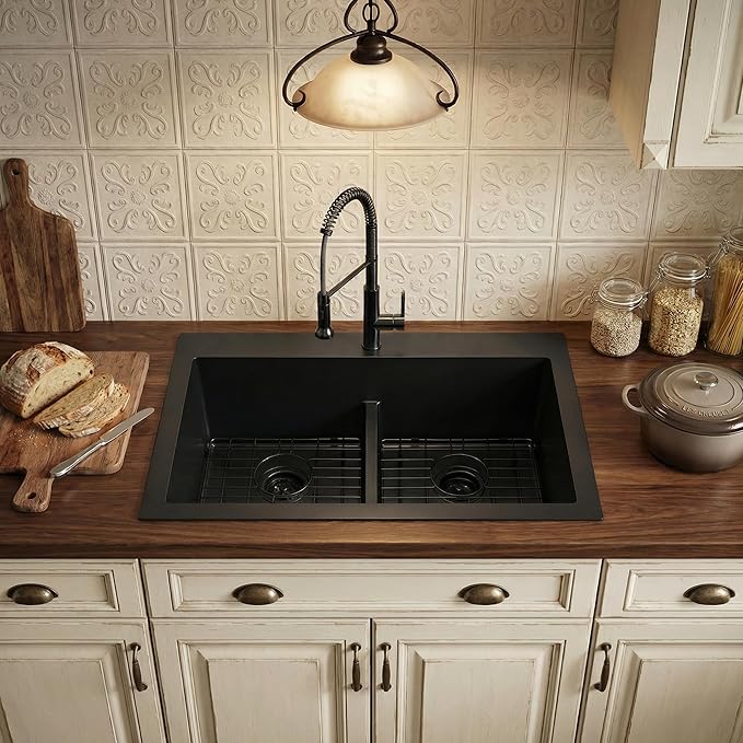 MILOSEN 33''x22''Black Double Bowl Kitchen Sink, 50/50 T304 Stainless Steel Drop in Kitchen Sinks, Topmount Large and Deep Workstation Sink, Handmade Low-Divide Double Basin with Custom Accessories